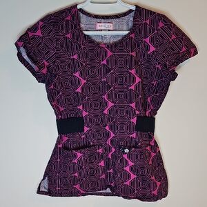 Koi Pink and Black Geometric XS Women's Scrub Top